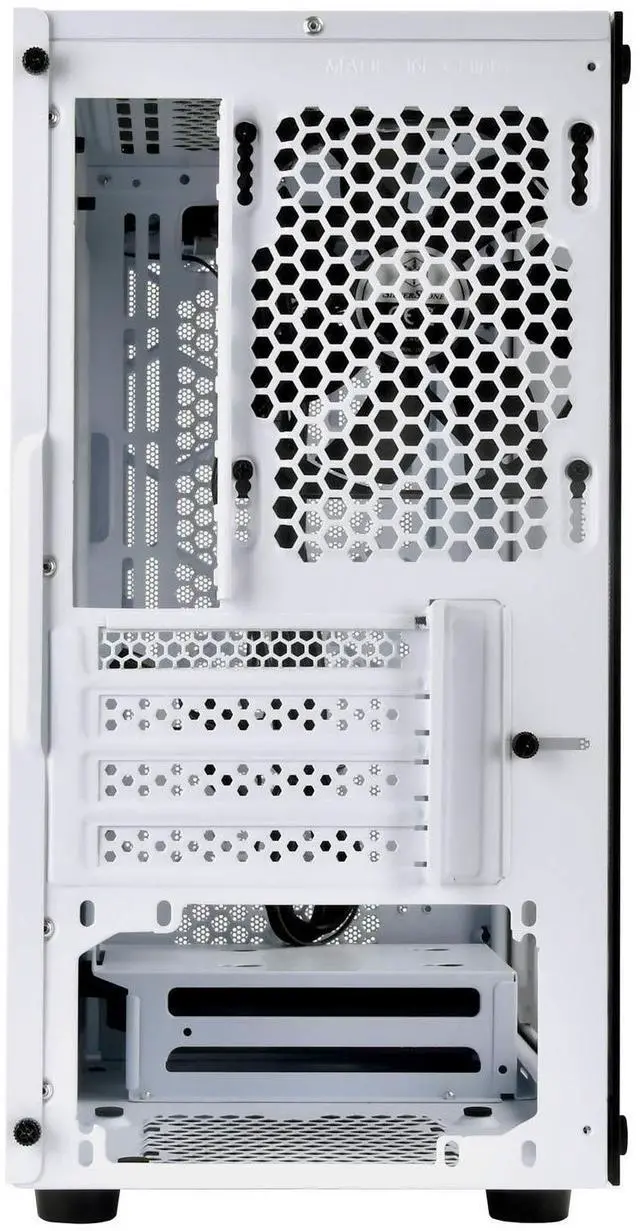Alt view image 8 of 10 - White, Plastic Bezel, Steel Body black internal, M-ATX M/B, 2*120mm RGB fan, 1*120mm fan, 1*3.5"+ 3*2.5" Internal, 1*audio, 1*MIC, 2*USB3.0, glass windows side panel