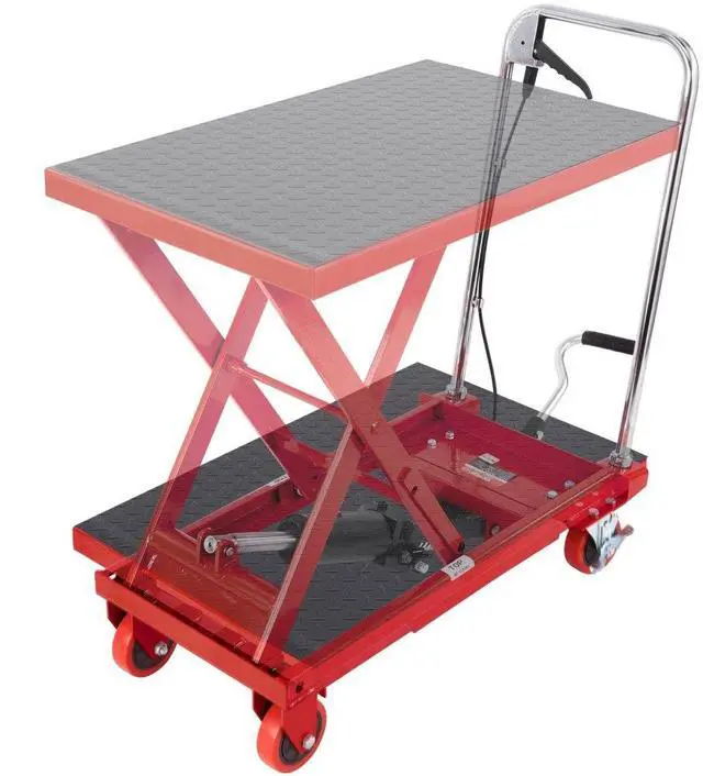 Alt view image 2 of 2 - VEVOR Hydraulic Lift Table Cart, 500lbs Capacity 28.5" Lifting Height, Manual Single Scissor Lift Table with 4 Wheels and Non-slip Pad, Hydraulic Scissor Cart for Material Handling, Red
