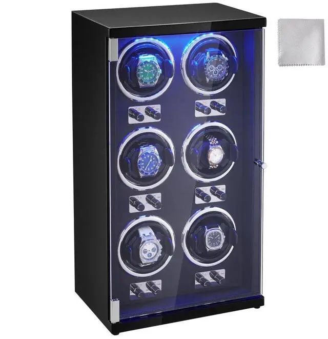 Main image of VEVOR Watch Winder, Watch Winder for 6 Men's and Women's Automatic Watches, with 6 Super Quiet Japanese Mabuchi Motors, Blue LED Light and Adapter, High-Density Board Shell and Black PU