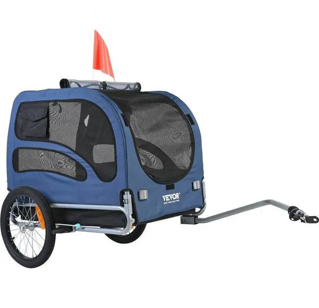 Alt view image 2 of 2 - VEVOR Dog Bike Trailer, Supports up to 100 lbs, Pet Cart Bicycle Carrier, Easy Folding Frame with Quick Release Wheels, Universal Bicycle Coupler, Reflectors, Flag, Collapsible to Store, Blue/Black