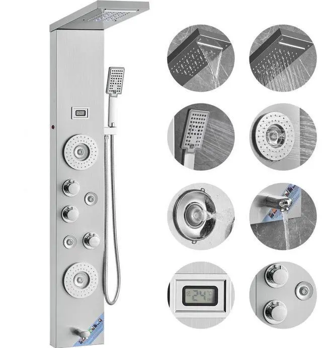 Alt view image 2 of 2 - VEVOR Shower Panel System, 6 Shower Modes, LED & Display Shower Panel Tower, Rainfall, Waterfall, 4 Body Massage Jets, Tub Spout, Handheld Shower Head 59" Hose, Stainless Steel Wall-Mounted Shower Set