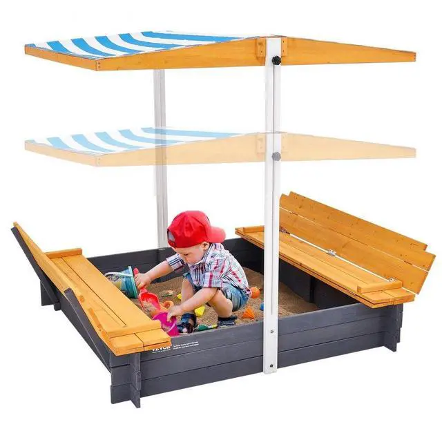 Alt view image 2 of 9 - VEVOR Wooden Sandbox with Canopy, 57.3 x 47.2 x 47.2 in Sand Box, Sand Pit with Foldable Bench Seats and Bottom Liner, Natural Wood Kids Sandbox for Outdoor Backyard, Beach, Park, Gift for Ages 3-12