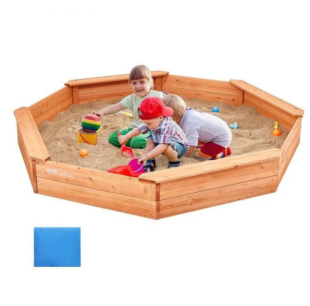Main image of VEVOR Wooden Sandbox with Cover, 75.6 x 75.6 x 9.1 in Octagonal Sand Box, Sand Pit with 4 Seating and Bottom Liner, Kids Sandbox for Outdoor Backyard, Beach, Park, Gift for Boys Girls Ages 3-12
