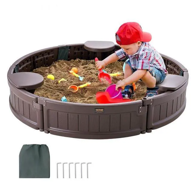 Alt view image 2 of 2 - VEVOR Sandbox with Cover, 47.2 x 9.1 in Round Sand Box, HDPE Sand Pit with 3 Corner Seating and Bottom Liner, Kids Sandbox for Outdoor Backyard, Beach, Park, Gift for Boys Girls Ages 3-12, Brown