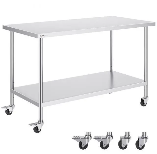 Alt view image 2 of 2 - VEVOR  Stainless Steel Work Table 30 x 60 x 38 Inch, with 4 Wheels, 3 Adjustable Height Levels, Heavy Duty Food Prep Worktable for Commercial Kitchen Restaurant, Silver