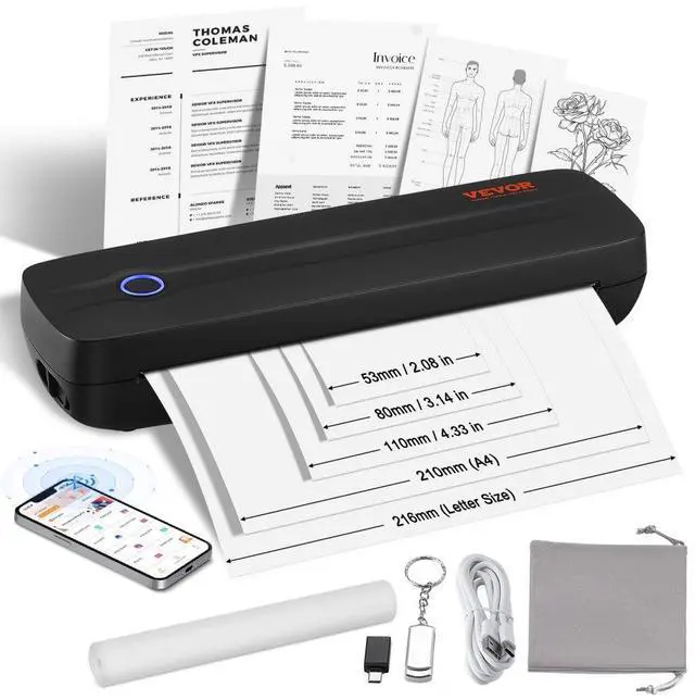 Alt view image 2 of 2 - VEVOR  Portable Printer - 2600mAh Battery, 203 DPI, Bluetooth Inkless Mobile Printer for A4, A5 & 8.5" x 11" Thermal Paper, Compatible with iOS, Android & Laptop, Ideal for Travel, Office & Home Use