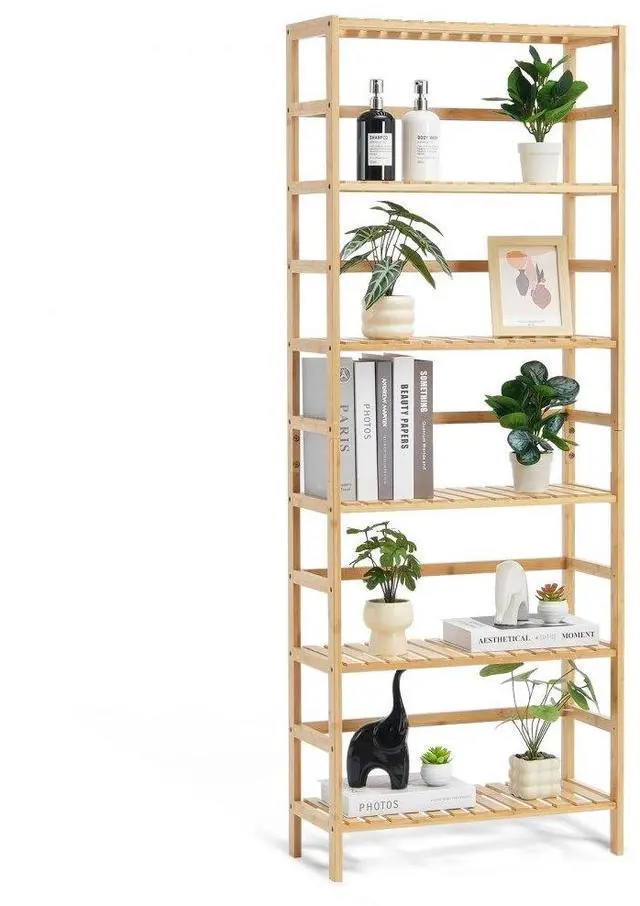Alt view image 2 of 2 - VEVOR  6-Tier Bamboo Shelf, Rattan Shelf, Open Wood Bookshelf, Display Storage Rack Organizer, Freestanding Flower Plant Stand, Multifunctional Bamboo Bookshelf Ideal for Bathroom, Bedroom, Office, S