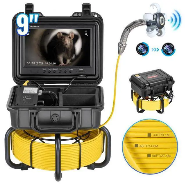 Main image of VEVOR Sewer Camera, 165 ft/50m, Self-Leveling Pipeline Inspection Camera with 9" 1080P HD Screen, 36X Zoom, IP68 Waterproof Plumbing Camera with Lights-12 LED, 32GB Card Snake Camera for Duct Pipe