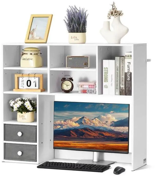 Main image of VEVOR Desktop Bookshelf, 3-Tier Desktop Storage Organizer, 37" x 10" x 31.1" Office Storage Rack Wood Display Shelf, Desktop Bookshelf Hutch with Two Fabric Drawers, for Office, Home & Dorm, White