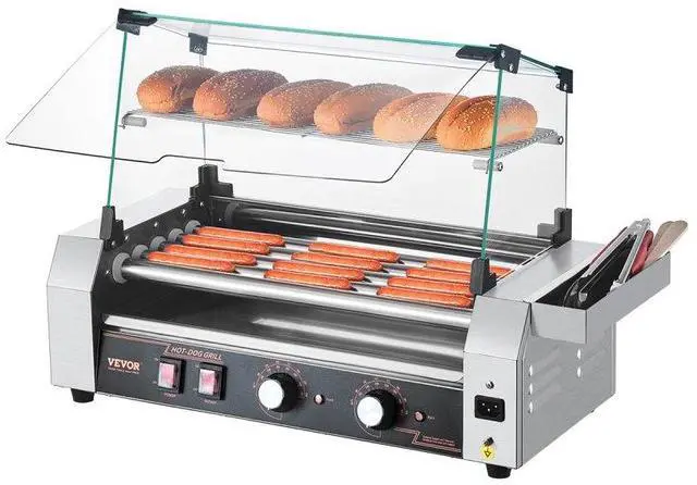 Main image of VEVOR Hot Dog Roller, 12 Hot Dog 5 Rollers, Stainless Steel Sausage Grill Cooker, 750W Commercial Hot Dog Machine with Dual Temp Control, Cover, Side Storage Box, Removable Shelf & Oil Drip Tray