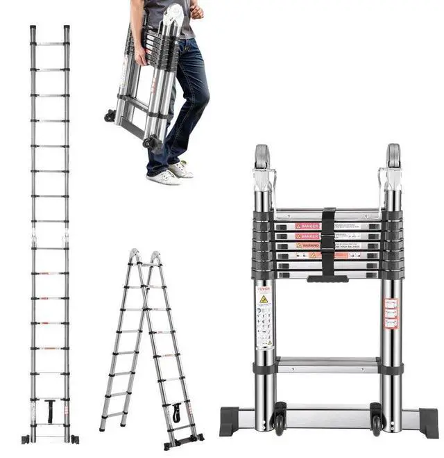 Main image of VEVOR Telescoping Ladder A Frame, 16.5ft Stainless Steel Extension Ladder, Multi-Button Retraction Portable Collapsible RV Ladders, 330LBS Load Telescopic Ladders with Balance Bar for Home, RV, Loft