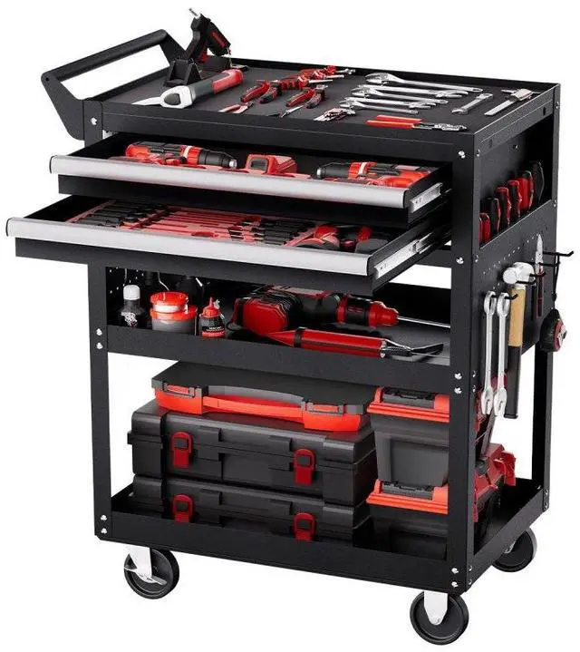 Main image of VEVOR 5-Tier Tool Cart with Wheels, 400 lbs Load Capacity, Rolling Work Cart with 2 Drawers & Pegboard, Mechanic Tool Storage Organizer with Locking System for Garage, Warehouse and Repair Shop, Black