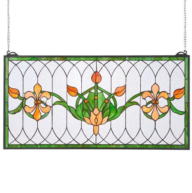 Main image of VEVOR Stained Glass Window Panel, 32 x 17 in, Tiffany Style Hanging Transom Window Panel with Chain, Large Horizontal Rectangle Stain Glass, Vintage Traditional Art Handcrafts for Kitchen Home Decor