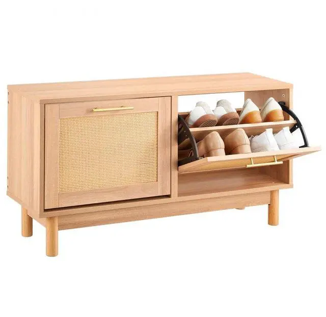 Main image of Entryway Shoe Storage Bench 39.4x11.8x20.9Inch Rattan-Like Rack with Flip Drawer