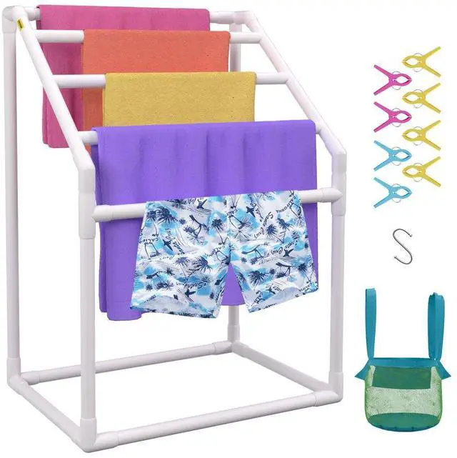 Alt view image 3 of 3 - VEVOR Pool Towel Rack, 5 Bar, White, Freestanding Outdoor PVC Trapedozal Poolside Storage Organizer, Include 8 Towel Clips, Mesh Bag, Hook, Also Stores Floats and Paddles, for Beach, Swimming Pool