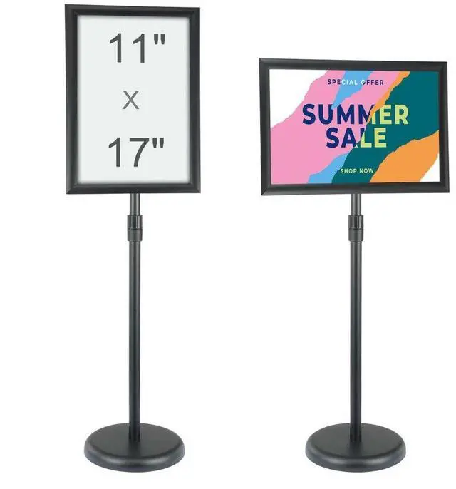 Alt view image 2 of 9 - VEVOR Pedestal Sign Holder, 11 x 17 Inch Vertical and Horizontal Adjustable Poster Stand, Heavy-Duty Floor Standing Sign Holder with Round Base for Display, Advertisement, and Outdoor, Black