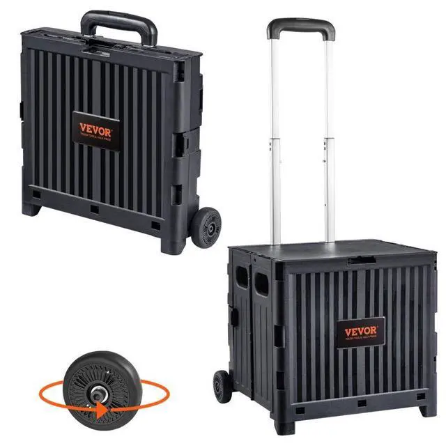 Alt view image 2 of 2 - VEVOR Foldable Utility Cart, 80 lbs Load Capacity, Folding Portable Rolling Crate Handcart with Durable Heavy Duty Telescoping Handle and 2 Wheels for Travel Shopping Moving Luggage Office Use, Black