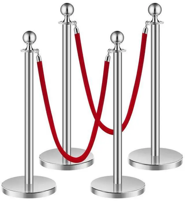 Alt view image 2 of 2 - VEVOR Stanchions and Velvet Ropes 4Pcs, Hollow Base with Stainless Steel Post, 2 Red Velvet Ropes and Posts, Crowd Control Barriers Silver Stanchions, Red Carpet Runner Poles for Party Supplies