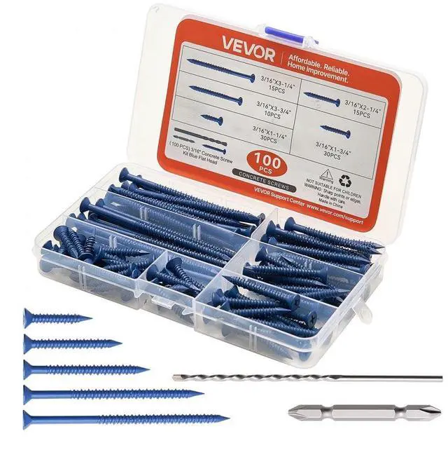 Main image of VEVOR Concrete Screws Masonry Screws 3/16 inch 100 PCS 5 Lengths Phillips Head