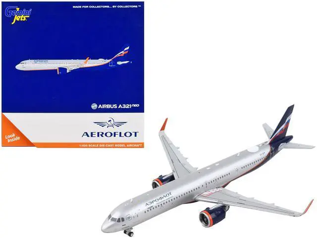 Alt view image 4 of 5 - Airbus A321neo Commercial Aircraft "Aeroflot" Silver Metallic with Dark Blue Tail 1/400 Diecast Model Airplane by GeminiJets