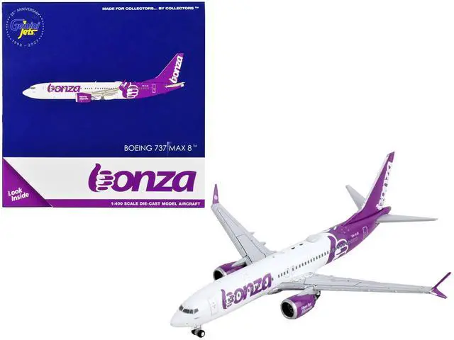 Alt view image 4 of 5 - Boeing 737 MAX 8 Commercial Aircraft "Bonza Aviation" White and Purple 1/400 Diecast Model Airplane by GeminiJets