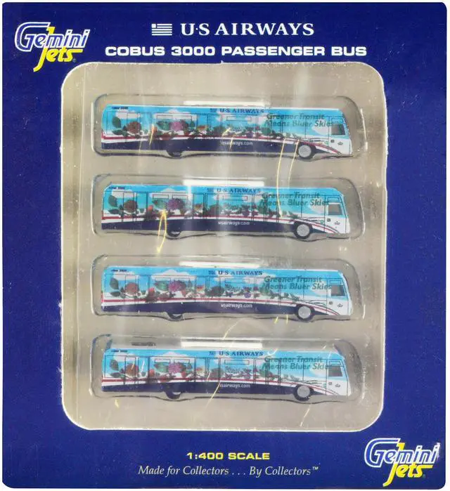 Alt view image 4 of 5 - Cobus 3000 Passenger Bus White and Blue with Graphics "US Airways Shuttle Bus" 4 Piece Set 1/400 Diecast Models by GeminiJets