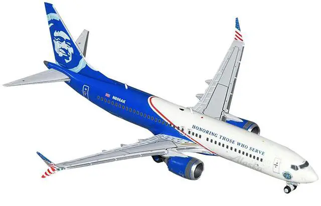 Alt view image 5 of 6 - Boeing 737 MAX 8 Commercial Aircraft "Alaska Airlines - Honoring Those Who Serve" White & Blue 1/400 Diecast Model by GeminiJets