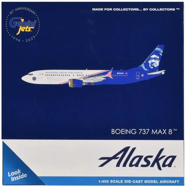 Alt view image 6 of 6 - Boeing 737 MAX 8 Commercial Aircraft "Alaska Airlines - Honoring Those Who Serve" White & Blue 1/400 Diecast Model by GeminiJets