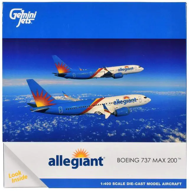 Alt view image 6 of 6 - Boeing 737 MAX 200 Commercial Aircraft "Allegiant Air" (N810MG) White and Blue 1/400 Diecast Model by GeminiJets