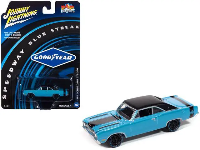 Alt view image 7 of 9 - 1969 Dodge Dart GTS 340 Blue with Black Top and Stripes "Goodyear Blue Streak" 1/64 Diecast Model Cars by Johnny Lightning