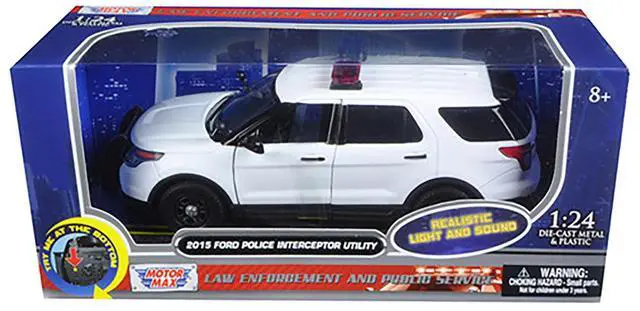Alt view image 7 of 7 - 2015 Ford Police Interceptor Utility White with Flashing Light Bar and Front and Rear Lights and 2 Sounds 1/24 Diecast Model Car by Motormax