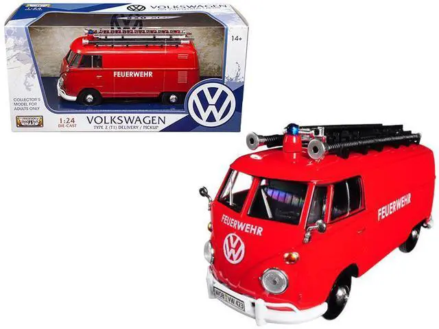 Alt view image 5 of 7 - Volkswagen Type 2 (T1) Fire Van "Feuerwehr" Red 1/24 Diecast Model Car by Motormax