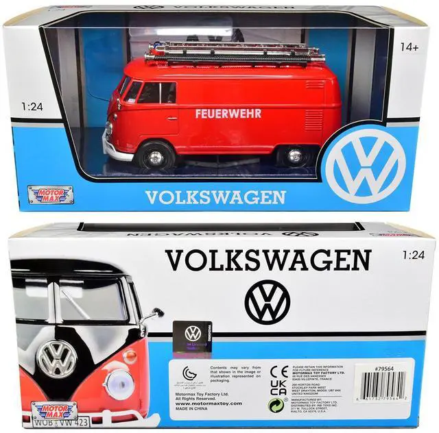 Alt view image 7 of 7 - Volkswagen Type 2 (T1) Fire Van "Feuerwehr" Red 1/24 Diecast Model Car by Motormax