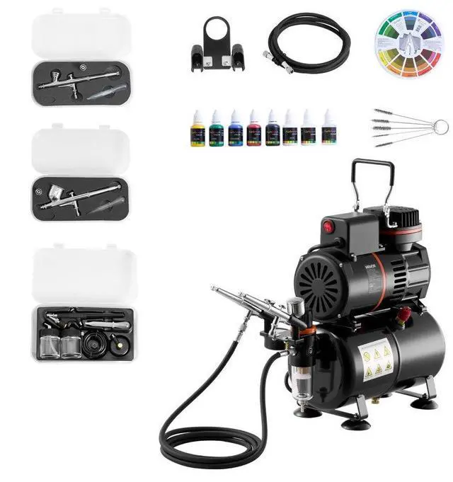 Main image of VEVOR Airbrush Kit Air Brush Kit 1/6 HP Air Compressor 3 Airbrushes 3 Tips Tank