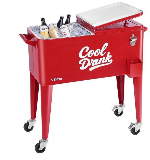 Main image of VEVOR 80 Quart Rolling Ice Chest on Wheels Patio Party Bar Drink Cooler Cart Red