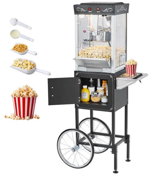 Main image of Popcorn Machine with Cart Popcorn Popper Maker 800W 8oz Kettle 48 Cups Black