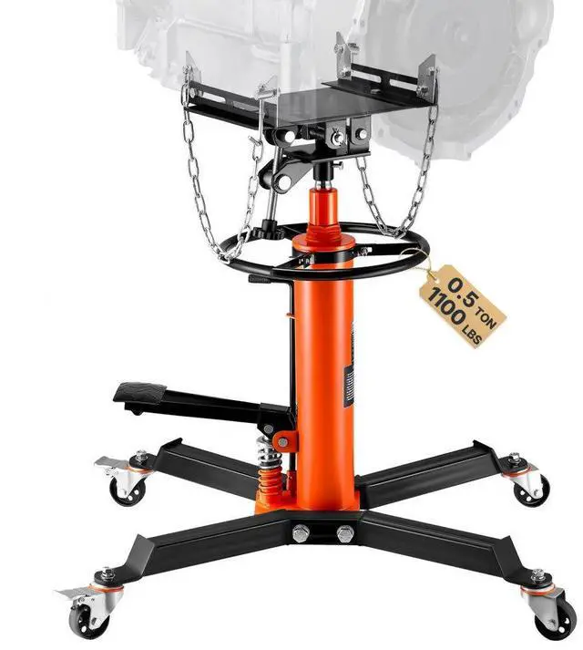 Alt view image 3 of 3 - VEVOR Transmission Jack,1/2Ton/1100lbs Capacity Hydraulic Telescopic Transmission Jack, 2-Stage Floor Jack Stand with Foot Pedal, 360 Swivel Wheel, Garage/ Shop Lift Hoist, Orange