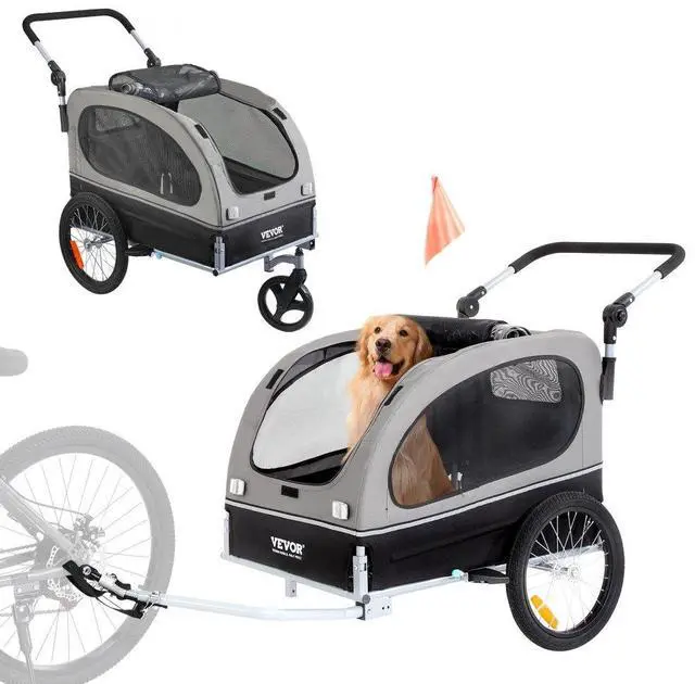 Alt view image 3 of 3 - VEVOR Dog Bike Trailer, Supports up to 88 lbs, 2-in-1 Pet Stroller Cart Bicycle Carrier, Easy Folding Cart Frame with Quick Release Wheels, Universal Bicycle Coupler, Reflectors, Flag, Black/Gray