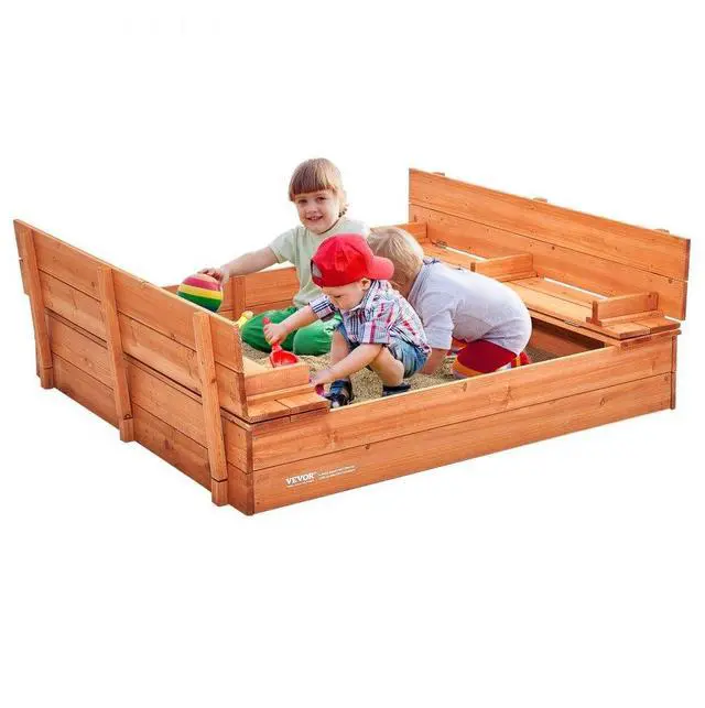 Alt view image 2 of 9 - VEVOR Wooden Sandbox, 52.4 x 47.2 x 16.9 in Sand Box, Sand Pit with Foldable Bench Seats and Bottom Liner, Natural Wood Kids Sandbox for Outdoor Backyard, Beach, Park, Gift for Boys Girls Ages 3-12