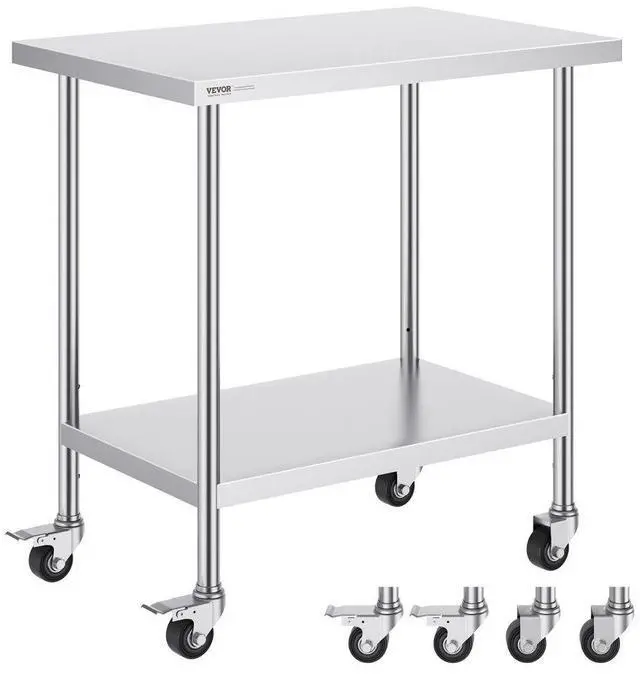 Main image of VEVOR Stainless Steel Work Table 24 x 36 x 38 Inch, with 4 Wheels, 3 Adjustable Height Levels, Heavy Duty Food Prep Worktable for Commercial Kitchen Restaurant, Silver