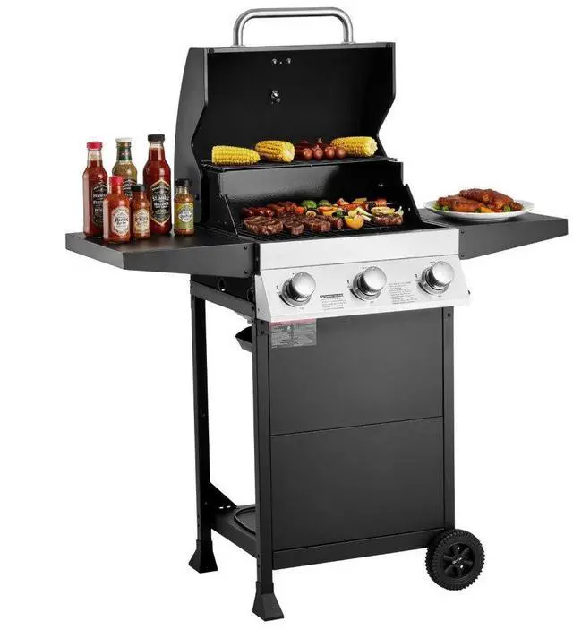 Main image of VEVOR 3-Burner Propane Gas Grill Carbon Steel BBQ Grill w/ Foldable Side Shelves