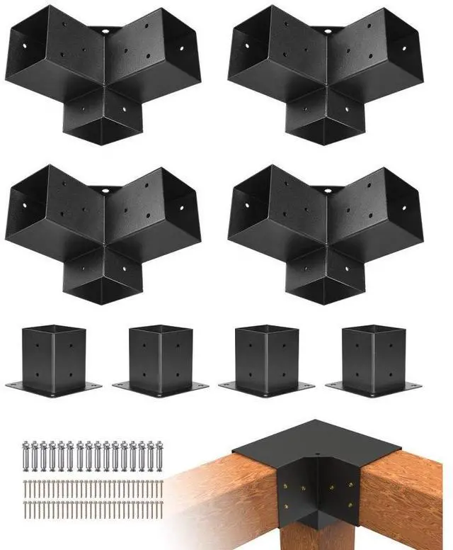 Alt view image 2 of 2 - VEVOR Pergola Bracket Kit 4''x4'', 8pcs 3-Way Heavy Duty Corner Bracket Woodworks DIY Post Base Kit, Easy Installation Wooden Beams for Gazebos, Patio Pergolas, Log Cabin Outdoor Pergola Hardware