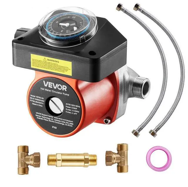 Main image of VEVOR Hot Water Recirculating Pump, with Bypass Valve, Instant Recirculation Pump Kit with Timer, Adapter, Circulation Circulator System, Stainless Steel Head, 0.13 HP 110-120V, for Tank Water Heaters
