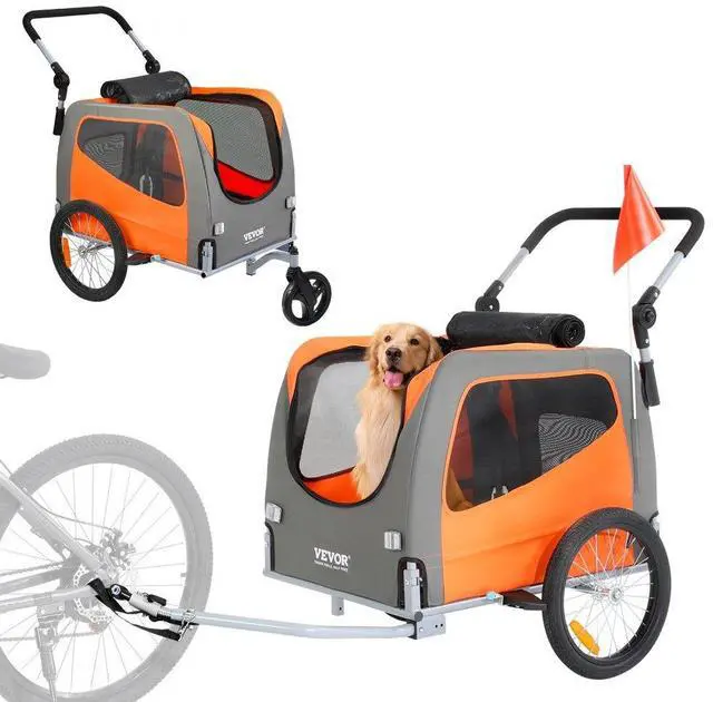 Alt view image 3 of 3 - VEVOR Dog Bike Trailer, Supports up to 66 lbs, 2-in-1 Pet Stroller Cart Bicycle Carrier, Easy Folding Cart Frame with Quick Release Wheels, Universal Bicycle Coupler, Reflectors, Flag, Orange/Gray