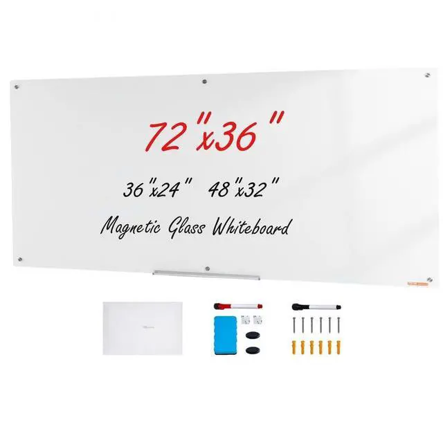 Alt view image 2 of 2 - VEVOR  Magnetic Glass Whiteboard, Dry Erase Board 72"x36", Wall-Mounted Large White Glassboard Frameless, with Marker Tray, an Eraser and 2 Markers, White
