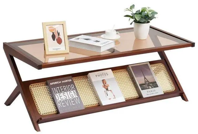Main image of VEVOR Rattan Coffee Table, Z-Shaped Rattan Woven Bamboo Coffee Table with Tempered Glass Top, 47 Modern Boho Storage Coffee Table with Natural Bamboo Legs, for Living Room, Bedroom & Small Spaces