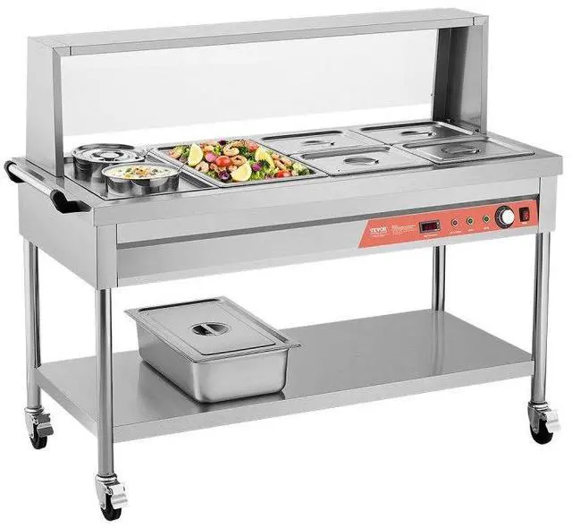 Main image of VEVOR Commercial Food Warmer, 5 Pans + 2 Pots Electric Steam Table, 1800W Professional Buffet Catering Food Warmer with Shield Undershelf Wheels, Stainless Steel Server for Party Restaurant Hotel