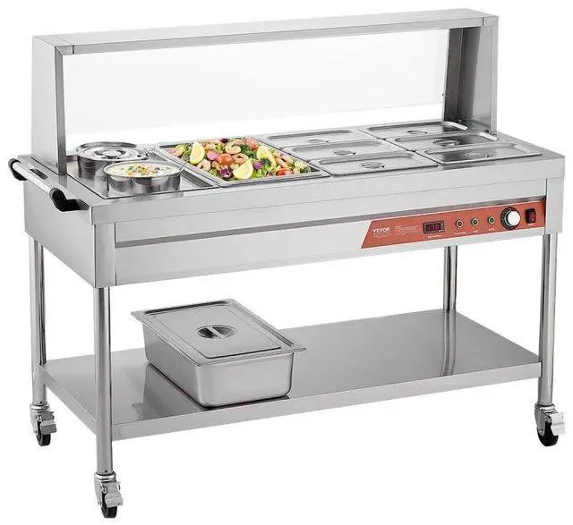 Main image of VEVOR Commercial Food Warmer, 7 Pans + 2 Pots Electric Steam Table, 1800W Professional Buffet Catering Food Warmer with Shield Undershelf Wheels, Stainless Steel Server for Party Restaurant Hotel
