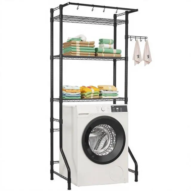 Main image of VEVOR Over Washer and Dryer Storage Shelf, 3 Tiers Laundry Room Drying Rack with Hanger Rod and Hooks, Single Row Adjustable Washer Shelves Space Saver, for Laundry Room Storage & Organization, Black