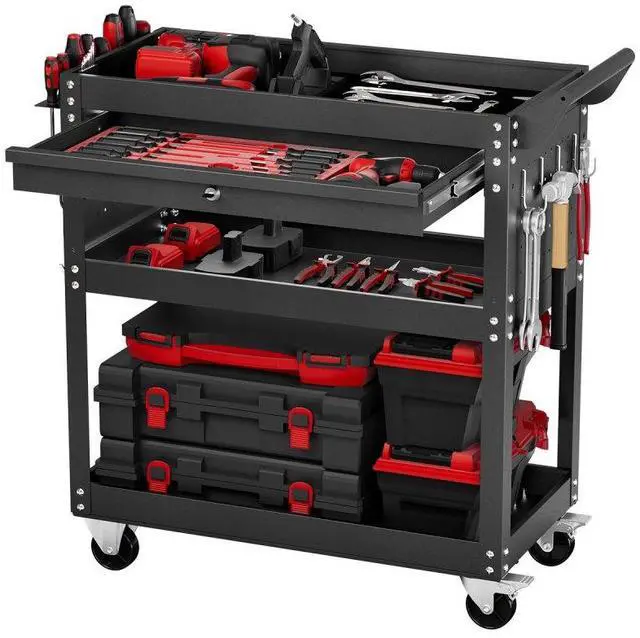Alt view image 2 of 2 - VEVOR  4-Tier Tool Cart on Wheels 350 lb Rolling Work Cart with Drawer & Pegboard
